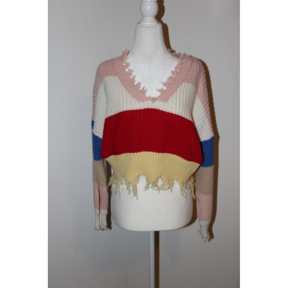Multi‎ Colorblock Distressed Cropped Sweater V-Neck Chunky Knit Edgy Pink Red